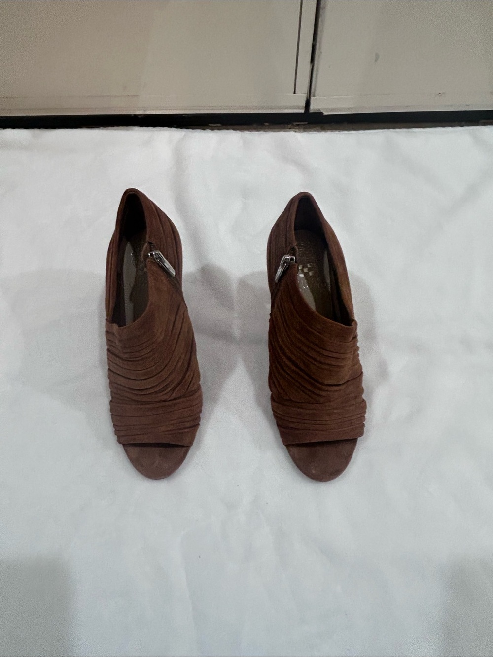 Vince Camuto Brown Ruched Peep-Toe Suede Booties